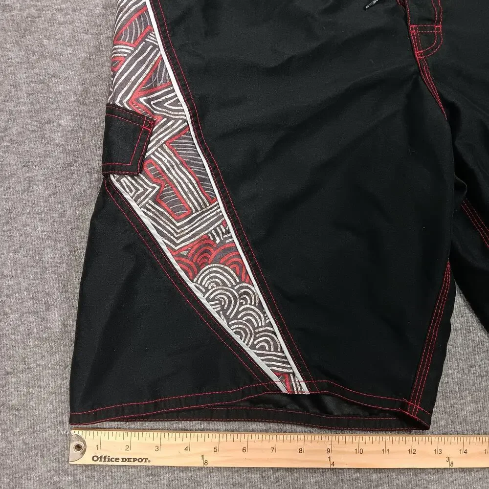 OP Swim Trunks Shorts Mens 38 Black Red Board Shorts Tribal Print Surf Beachwear